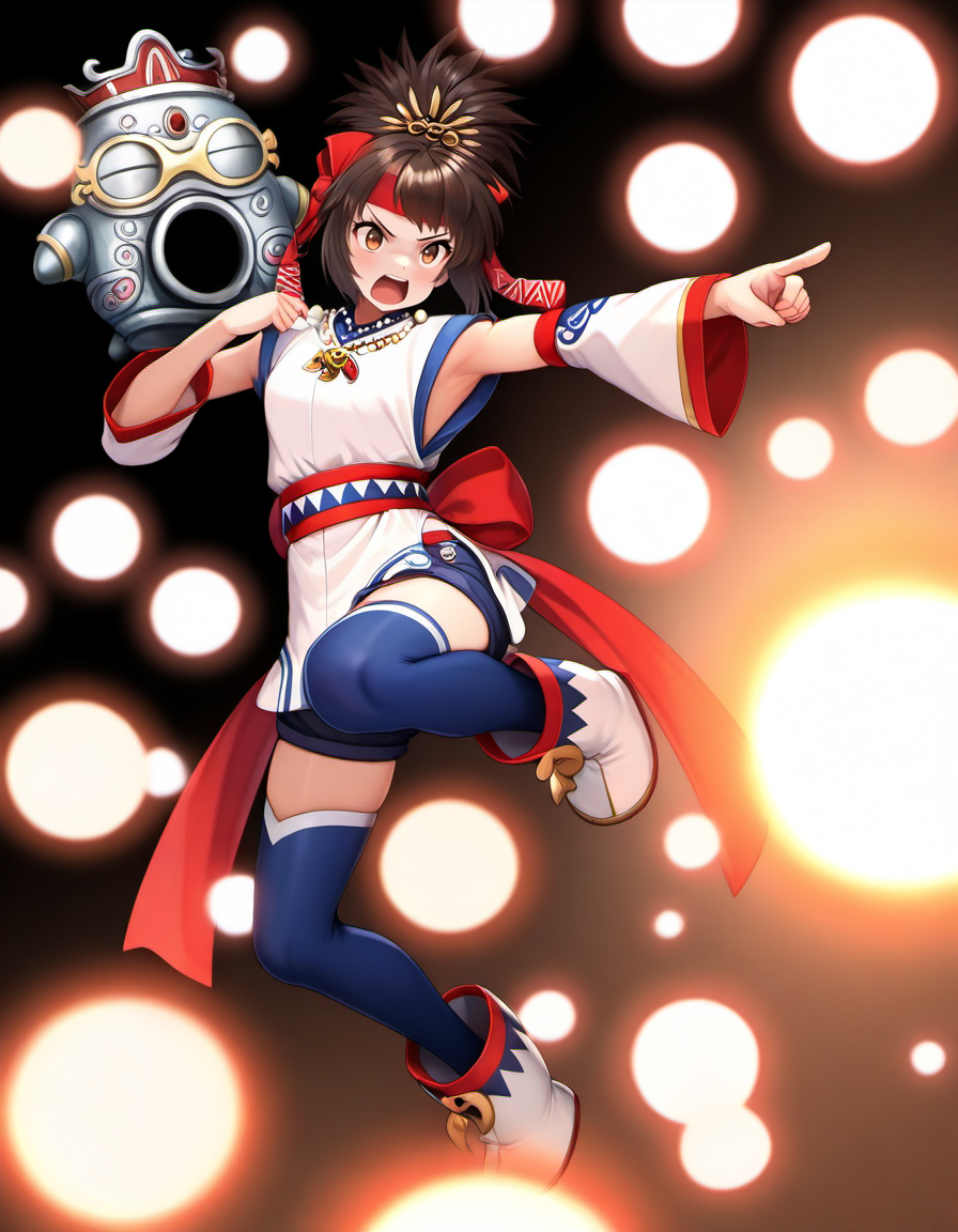 <lora:MusouOHimiko_SDXL_Illustrious01_fp16_ver03:1>,MusouOHimiko, 1girl,solo, headband,ribbon, black hair,short hair, brown eyes,detached sleeves,shorts, blue thighhighs,ankle boots,necklace,sash,haniwa,black background, angry, pointing at viewer,  <lora:beam_v1_illustrious_b:1>,beameffect,danmaku,jumping,newest, masterpiece, best quality, very aesthetic, absurdres,<lora:detailed_hands:1>,hand