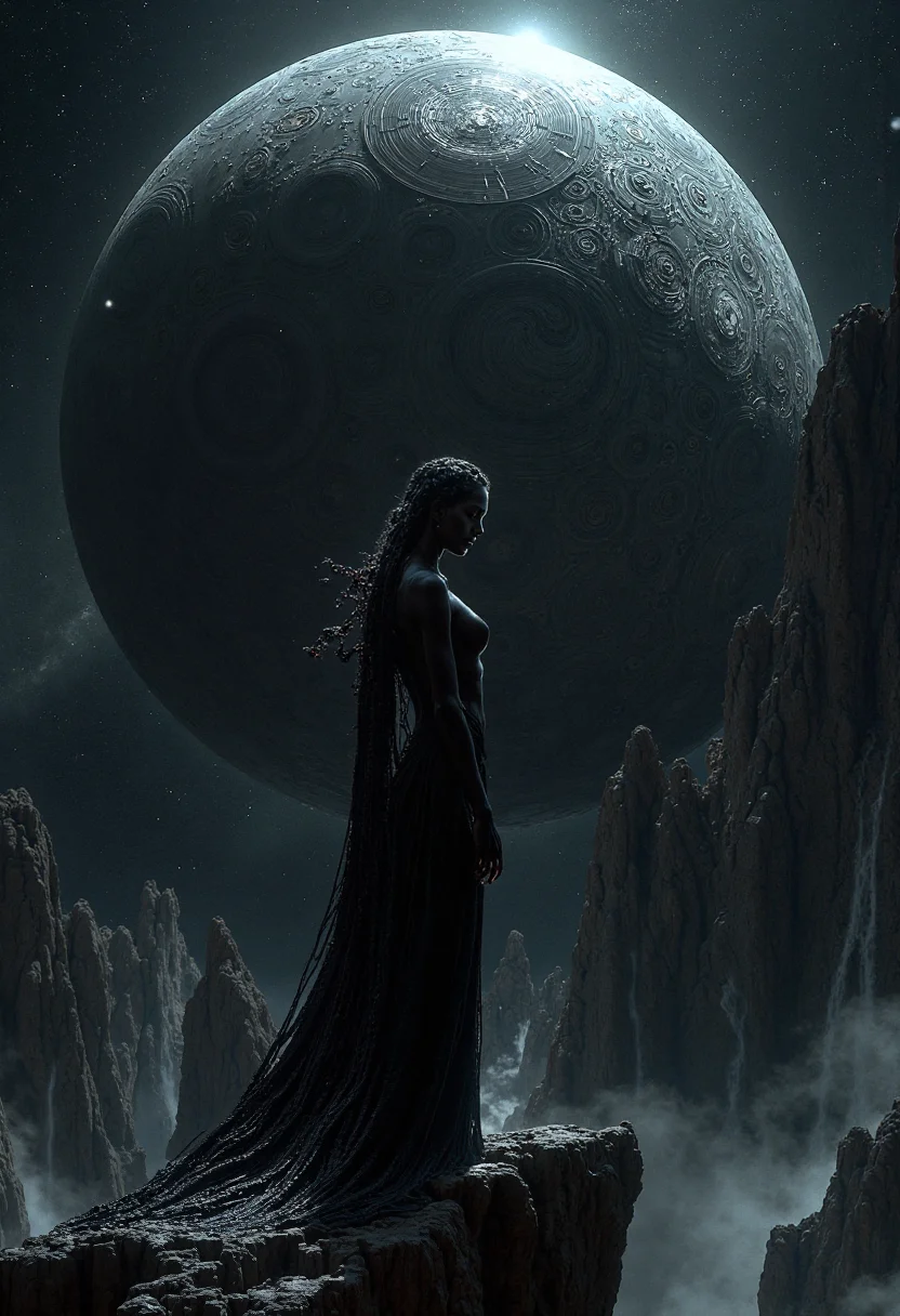  　In a discovery that has captivated astronomers and sparked the imaginations of artists and dreamers, NASA's deep space telescope has captured images of a sight both breathtaking and unsettling: a colossal fortress, carved from a single piece of obsidian-like material, orbiting a dying star. And at its heart, a figure of ethereal beauty: a woman, her form sculpted from the same dark material, stands as a silent guardian, her gaze fixed on the infinite expanse of space.

The fortress itself is a marvel of dark artistry, its surface a swirling mass of shadows and dimly lit facets. Strange energy signatures pulse from within the fortress, suggesting a mastery of technology far beyond human comprehension, a power that seems to be channeled through the woman at its center. The surrounding space is eerily silent, devoid of any signs of life or civilization, adding to the sense of mystery and wonder that surrounds the obsidian structure. 

The woman's form is both captivating and enigmatic. Her features are delicate and serene, yet her presence exudes an aura of immense power and ancient wisdom. Her long, flowing hair, sculpted from the same obsidian material as the fortress, seems to defy gravity, swirling around her like a cosmic river. Her attire, if it can be called that, is minimalist yet striking, a series of flowing, obsidian tendrils that drape around her form, suggesting a deep connection to the fortress itself, as if she were its heart and soul.

This image, captured from millions of light-years away, raises countless questions. Who is this woman? Is she a protector, a goddess, a prisoner of her own creation? Is she the architect of this colossal fortress, or is she merely a part of it, a living embodiment of its power? The Obsidian Sentinel, as she has been dubbed by those who have seen the images, stands as a cosmic enigma, a testament to the boundless mysteries of the universe and the infinite possibilities that lie beyond our understanding. 
