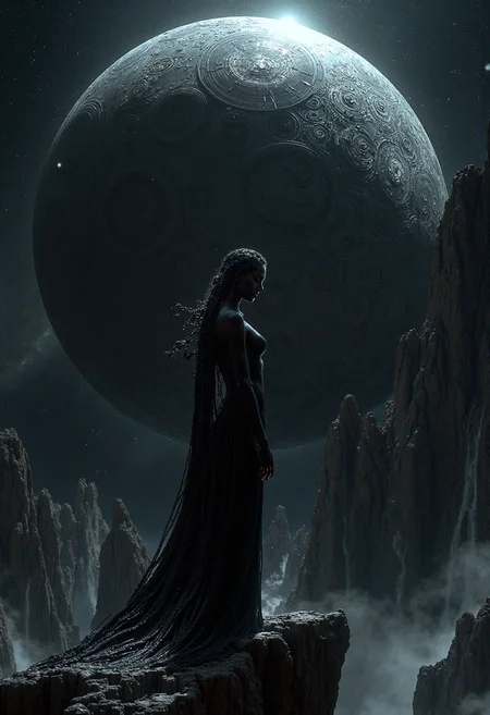  　In a discovery that has captivated astronomers and sparked the imaginations of artists and dreamers, NASA's deep space telescope has captured images of a sight both breathtaking and unsettling: a colossal fortress, carved from a single piece of obsidian-like material, orbiting a dying star. And at its heart, a figure of ethereal beauty: a woman, her form sculpted from the same dark material, stands as a silent guardian, her gaze fixed on the infinite expanse of space.

The fortress itself is a marvel of dark artistry, its surface a swirling mass of shadows and dimly lit facets. Strange energy signatures pulse from within the fortress, suggesting a mastery of technology far beyond human comprehension, a power that seems to be channeled through the woman at its center. The surrounding space is eerily silent, devoid of any signs of life or civilization, adding to the sense of mystery and wonder that surrounds the obsidian structure. 

The woman's form is both captivating and enigmatic. Her features are delicate and serene, yet her presence exudes an aura of immense power and ancient wisdom. Her long, flowing hair, sculpted from the same obsidian material as the fortress, seems to defy gravity, swirling around her like a cosmic river. Her attire, if it can be called that, is minimalist yet striking, a series of flowing, obsidian tendrils that drape around her form, suggesting a deep connection to the fortress itself, as if she were its heart and soul.

This image, captured from millions of light-years away, raises countless questions. Who is this woman? Is she a protector, a goddess, a prisoner of her own creation? Is she the architect of this colossal fortress, or is she merely a part of it, a living embodiment of its power? The Obsidian Sentinel, as she has been dubbed by those who have seen the images, stands as a cosmic enigma, a testament to the boundless mysteries of the universe and the infinite possibilities that lie beyond our understanding. 