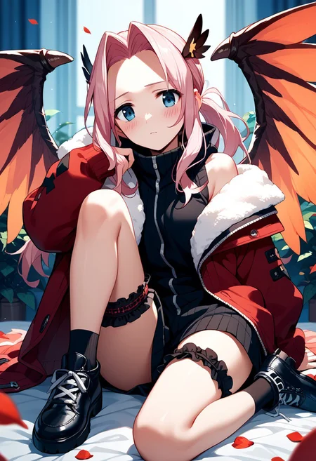 score_9,score_8_up,score_7_up,source_anime,Darry Adai,1girl,solo,looking at viewer,blush,wings,shoes,bridal garter,