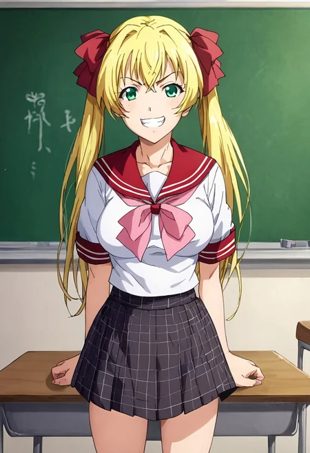 PonyXLV6_Scores, <lora:Fine_Anime_Screencap-PonyV2:1> fine anime screencap_xl, anime anime screencap, amazing quality, very aesthetic, absurd resolution, masterpiece, 4k resolution, <lora:LCM&TurboMix:1.0>, (hand with four fingers and one thumb), BREAK 1girl, upper body, <lora:Saki_Akehime_07:1> SakiKyouhaku, long hair, blonde hair, green eyes, large breasts, perky breasts, slim sexy body, perky ass, standing, looking at viewer, smug, grin, (serafuku, red sailor collar, pink neckerchief, (white shirt, short sleeves,), grey plaid skirt, red ribbon, twin tails, ), cowboy shot, BREAK (classroom, chalkboard, desks, chairs, no men, 1girl, solo,),