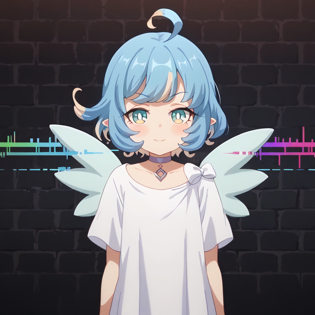 score_9, score_8_up, score_7_up, source_anime, anime screencap, masterpiece, insanely detailed, detailed background, zPDXL3, break, amy_(princess_connect), 1girl, wings, solo, ahoge, short hair, blue hair, multicolored hair, pointy ears,white dress,choker,(glitch), dungeon,chromatic aberration,dimesion break