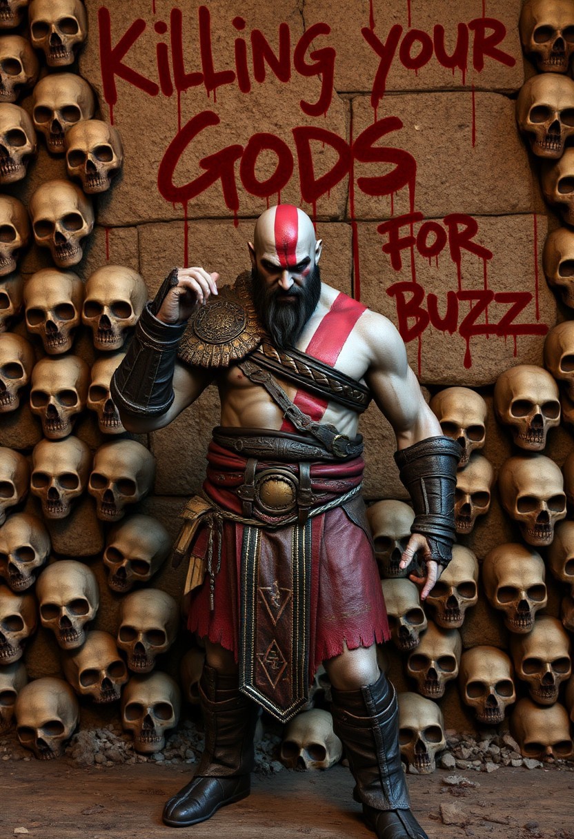 Kratos from God of War posing in front of a wall of skulls, wall with a blood writting saying "Killing your Gods for Buzz"