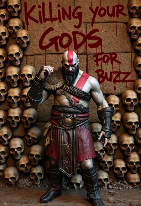 Kratos from God of War posing in front of a wall of skulls, wall with a blood writting saying "Killing your Gods for Buzz"