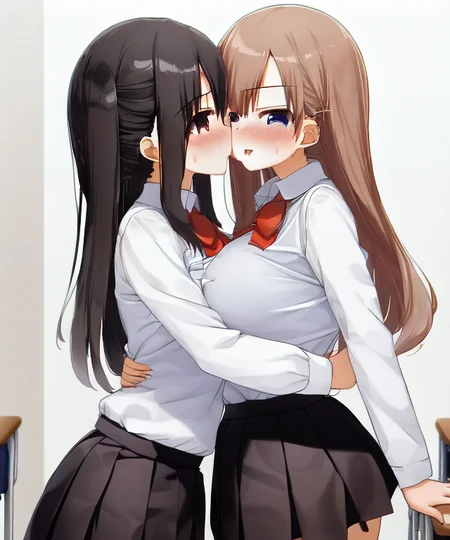 2girls, classroom, by kaisen chuui, red ribbon, white collar shirt, pleated skirt, eyes, bangs, emotion, hug, masterpiece, passionate gaze, blush, symmetric face, asymmetrical docking <lora:kaisenchuui-v1-8k-lora:2>