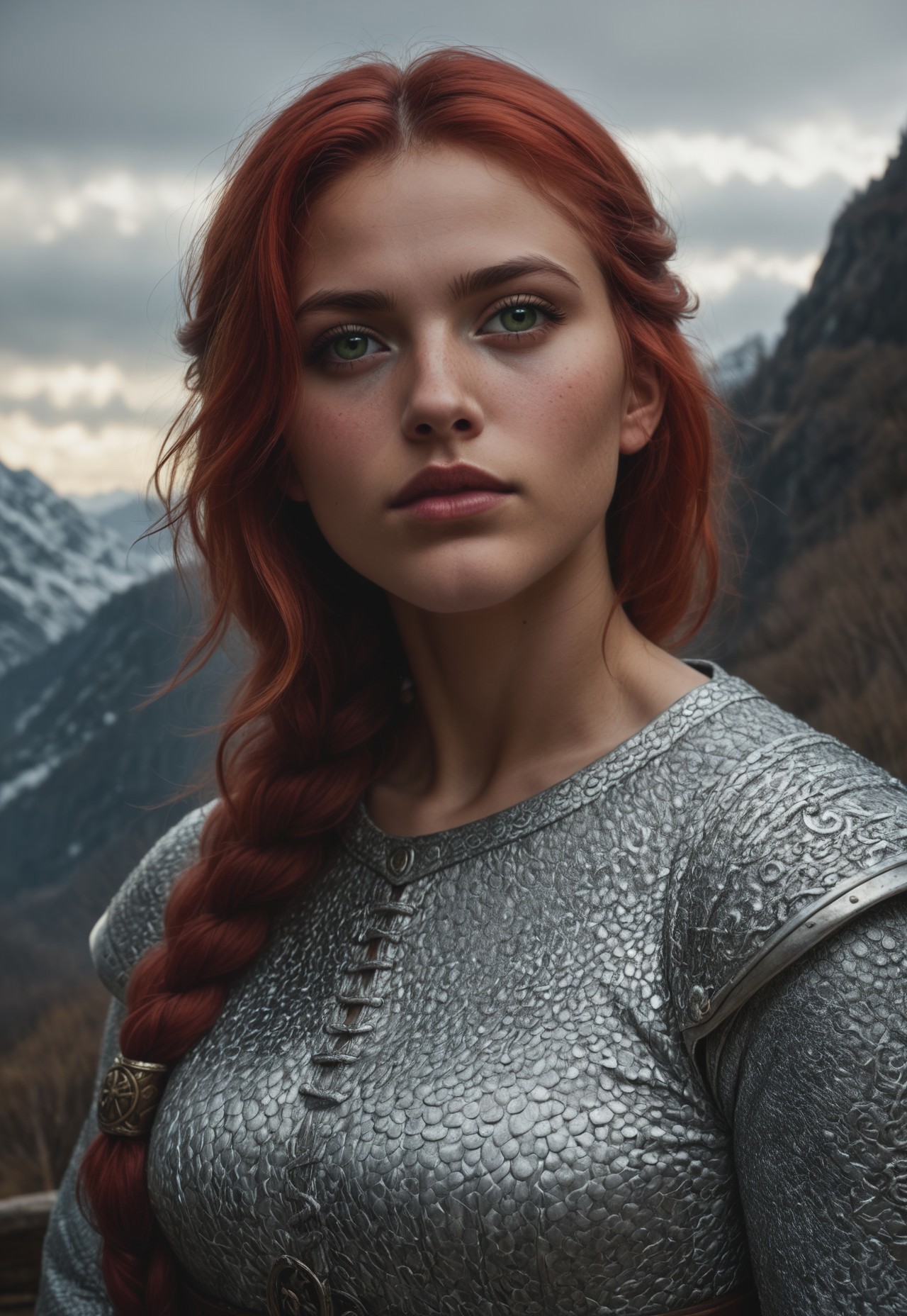 safe_pos, score_9, score_8_up, score_7_up, 1girl, solo, 
Viking warrior, intricate chainmail armor with leather accents and Norse runes, ancient battle axe with a polished wooden handle and a gleaming steel blade, long braided red hair adorned with bronze beads, realistic, cinematic angle, cinematic lighting, muscular body, fierce face, piercing green eyes, battle-ready pose 
BREAK 
standing on a rugged coastal cliff 
BREAK 
source_Viking_art, rating_explicit, expressive, dynamic pose 
BREAK 
detailed beautiful background, dramatic coastal landscape with towering cliffs and crashing waves, ancient Viking longships on the horizon, rugged terrain with rocky outcrops and wild grasses, distant mountains with snow-capped peaks, epic atmosphere with a sense of adventure and danger <lora:Expressive_H:0.6> Expressiveh, (SimplepositiveXLv1:1.3), 
(((upper body, full clothed:1.85))) ((masterpiece)) (ultra realistic, 32k, masterpiece:1.2), (high detailed skin:1.1), (high quality:1.1) (((full clothed))), (8k uhd:1,4) <lora:DandonFuga_Style_v.2_-_Pony:0.8> 
<lora:add-detail-xl:1> 
<lora:Dynamic Poses:1>