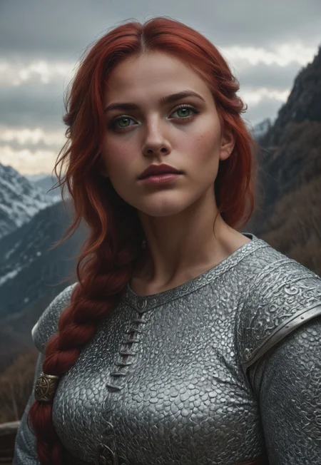 safe_pos, score_9, score_8_up, score_7_up, 1girl, solo,
Viking warrior, intricate chainmail armor with leather accents and Norse runes, ancient battle axe with a polished wooden handle and a gleaming steel blade, long braided red hair adorned with bronze beads, realistic, cinematic angle, cinematic lighting, muscular body, fierce face, piercing green eyes, battle-ready pose
BREAK
standing on a rugged coastal cliff
BREAK
source_Viking_art, rating_explicit, expressive, dynamic pose
BREAK
detailed beautiful background, dramatic coastal landscape with towering cliffs and crashing waves, ancient Viking longships on the horizon, rugged terrain with rocky outcrops and wild grasses, distant mountains with snow-capped peaks, epic atmosphere with a sense of adventure and danger <lora:Expressive_H:0.6> Expressiveh, (SimplepositiveXLv1:1.3),
(((upper body, full clothed:1.85))) ((masterpiece)) (ultra realistic, 32k, masterpiece:1.2), (high detailed skin:1.1), (high quality:1.1) (((full clothed))), (8k uhd:1,4) <lora:DandonFuga_Style_v.2_-_Pony:0.8>
<lora:add-detail-xl:1>
<lora:Dynamic Poses:1>