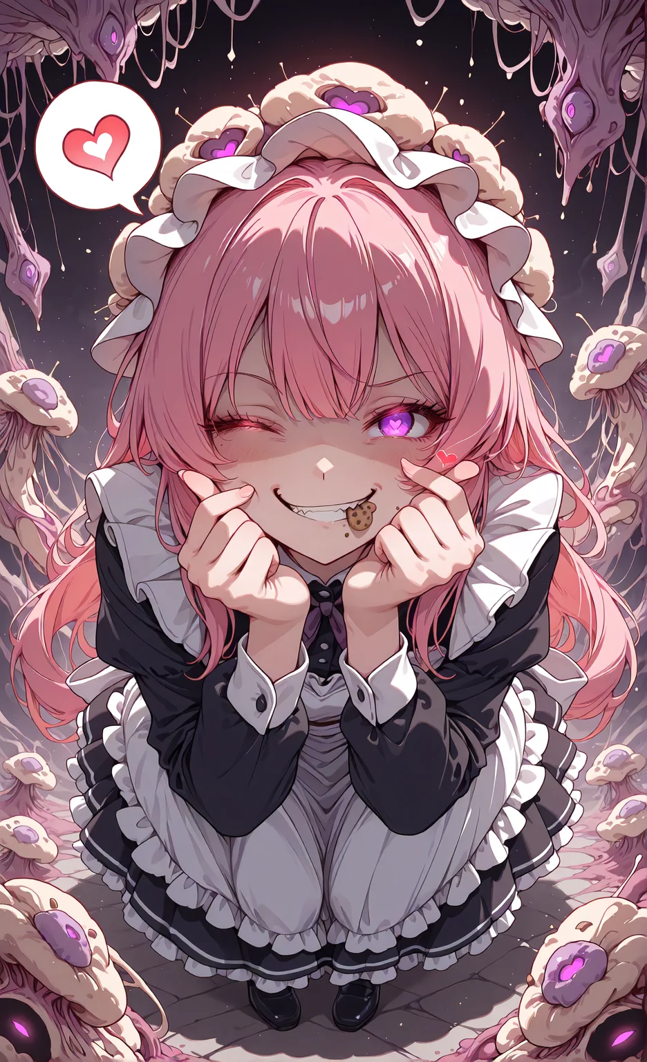 masterpiece, sharp detail, intricate detail, hair shader, 1girl, <lora:MyceliumT-000014:1>, myceliumt, myceliumt dress, full body, glowing eyes, detailed eyes, gradient eyes, eyelashes, detailed face, detailed eyes, looking at viewer, smile, cookie in mouth, smirk, spoken heart, wink, finger heart, <lora:CivChan:1> CivChan, purple eyes, pink hair, maid,