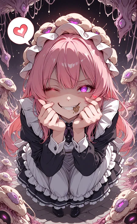 masterpiece, sharp detail, intricate detail, hair shader, 1girl, <lora:MyceliumT-000014:1>, myceliumt, myceliumt dress, full body, glowing eyes, detailed eyes, gradient eyes, eyelashes, detailed face, detailed eyes, looking at viewer, smile, cookie in mouth, smirk, spoken heart, wink, finger heart, <lora:CivChan:1> CivChan, purple eyes, pink hair, maid,