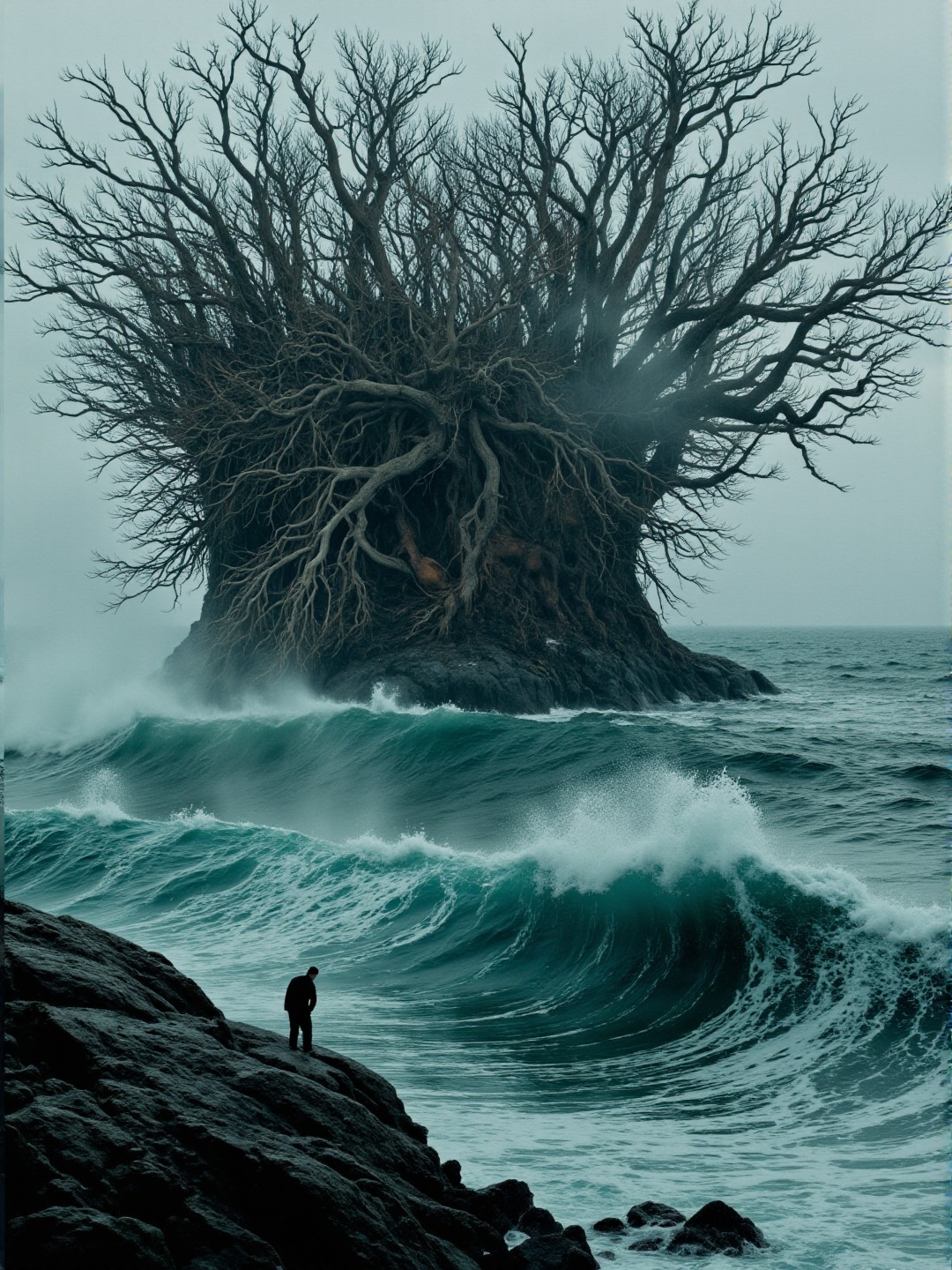 <lora:Florate Flux_v2_epoch_3:0.9> An Icelandic stretched Surrealism photograph  of blue gray and blue gray and jade scene with many branching structures on a contrasting background. stormy ocean. Underwear. People, animals and characters are elongated.