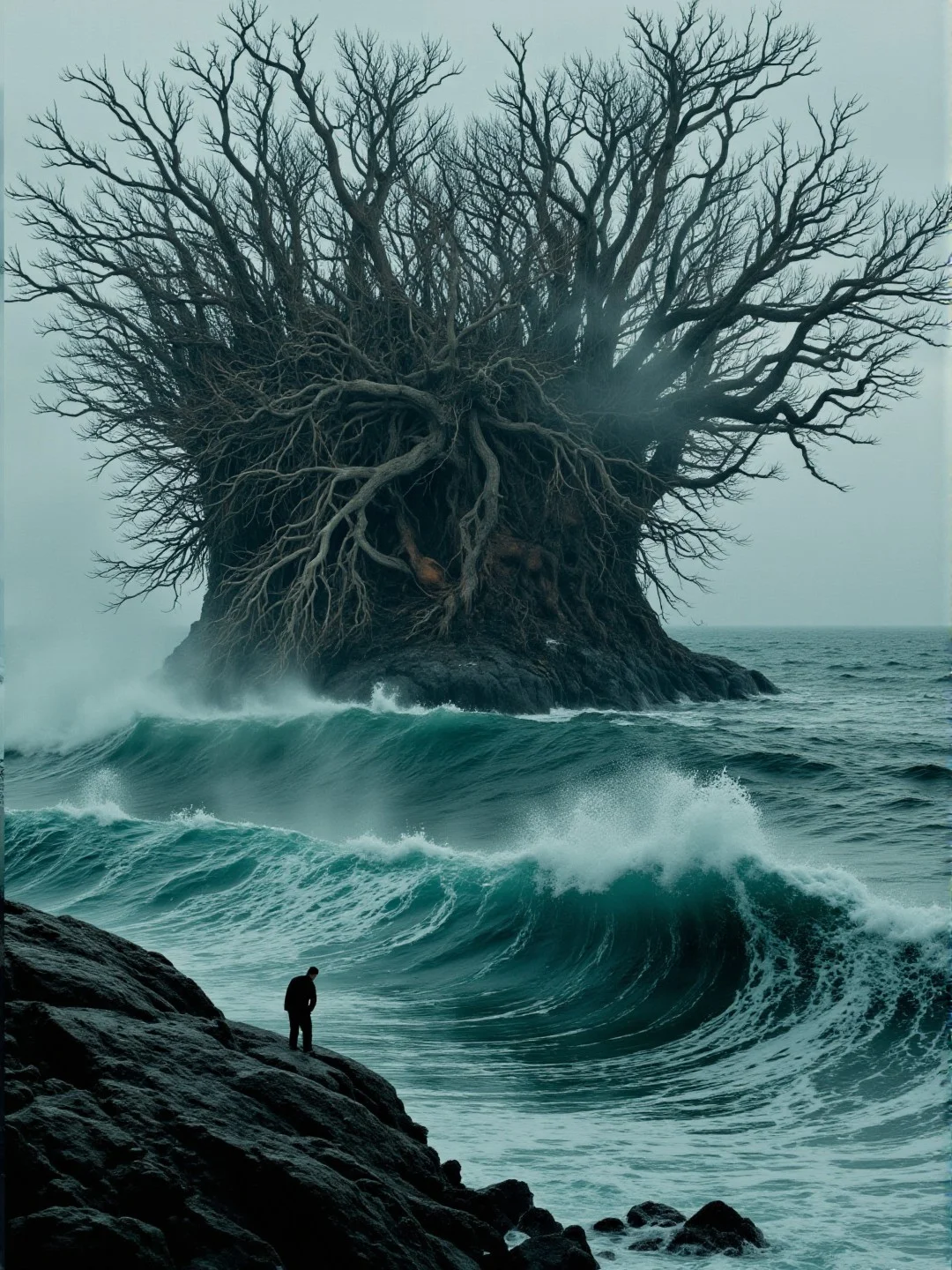 <lora:Florate Flux_v2_epoch_3:0.9> An Icelandic stretched Surrealism photograph of blue gray and blue gray and jade scene with many branching structures on a contrasting background. stormy ocean. Underwear. People, animals and characters are elongated.