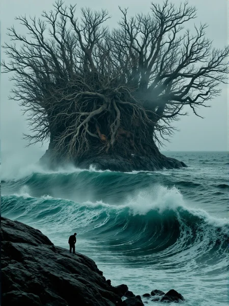 <lora:Florate Flux_v2_epoch_3:0.9> An Icelandic stretched Surrealism photograph of blue gray and blue gray and jade scene with many branching structures on a contrasting background. stormy ocean. Underwear. People, animals and characters are elongated.