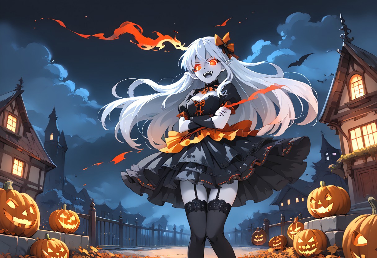 (masterpiece), (score_9, score_8_up, score_7_up,source_anime), 4K8K, 
(from front), misty, steam, fog, Floating Halloween pumpkins, 
halloween, halloween fantasy, 
Japanese cute woman, (solo), (Glossy skin, pale skin:1.3),  makeup vampire, (crossed arms, pigeon-toed), burning pumpkin, (dark aura:1.4), (smirk, half-opened mouth, Canine, tooth, fang1.2), 
(medium figure:0.9), (pointy breasts:1.1), 
(white hair, verry long hair), (red glowing eyes, slanted eyes:1.2), 
(wearing vampire cos, dress, makeup, red and black dress, zettai ryouiki, thighhighs:1.2), 
(BloforMB, red theme, scenery at dark night:1.3), elf ears,