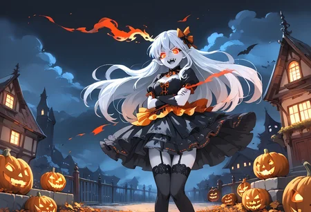 (masterpiece), (score_9, score_8_up, score_7_up,source_anime), 4K8K, 
(from front), misty, steam, fog, Floating Halloween pumpkins, 
halloween, halloween fantasy, 
Japanese cute woman, (solo), (Glossy skin, pale skin:1.3),  makeup vampire, (crossed arms, pigeon-toed), burning pumpkin, (dark aura:1.4), (smirk, half-opened mouth, Canine, tooth, fang1.2), 
(medium figure:0.9), (pointy breasts:1.1), 
(white hair, verry long hair), (red glowing eyes, slanted eyes:1.2), 
(wearing vampire cos, dress, makeup, red and black dress, zettai ryouiki, thighhighs:1.2), 
(BloforMB, red theme, scenery at dark night:1.3), elf ears,