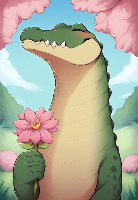 CrocodileLora, score_9, score_8_up, score_7_up, score_6_up, score_5_up, score_4_up, source_furry, source_cartoon, hi res, sfw, solo, 1boy, no humans, 2D artwork, cartoon style, digital art,
Crocodile, crocodilian, scalie, feral, dark scales, green scales,
sharp teeth, large jaw, small crocodile, long body, long neck, 5 fingers, short arms, ridged back,
smile, closed eyes, holding an object, flower, pink flower, blush, butterfly, cute, standing,
bust shot,
in a park, grass, blue sky, trees in the background,