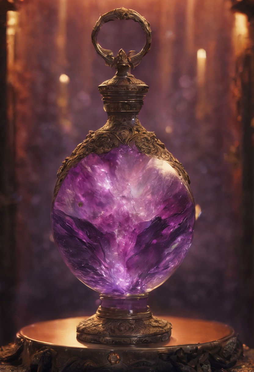 Score_9, Score_8, high_def, highest quality, 4k, best quality, masterpiece, focused, defined, Photorealistic magic potion, intricate glass bottle, elixir, vibrant purple and red colors, blazing with fiery intensity, ethereal light, wax seal, radiant golden highlights, magic lights, luminous, dynamic reflections, magical aura, highly detailed, fantasy essence, glowing ember-like particles, radiant aura, with streaks of molten orange and shimmering metallic accents, evoking a sense of epic power and grandeur