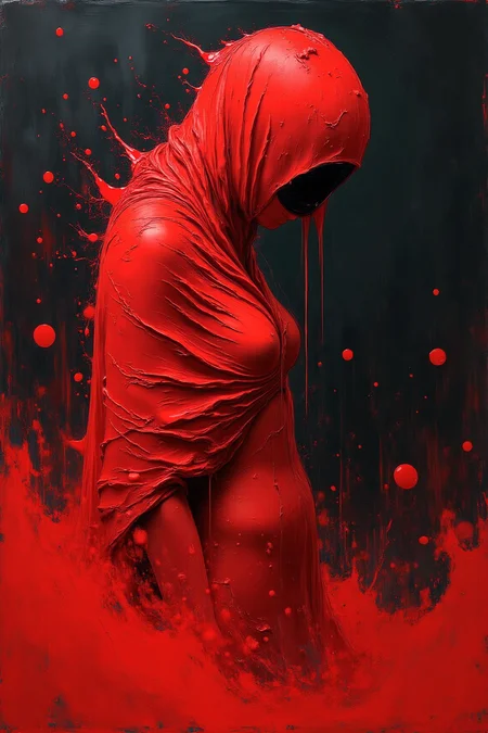 yfg-sm0rg, Bask in the realm of abstract expressionism as a mysterious figure cloaked in a vibrant red shawl steps into view against an ebony void. Her head hangs low, enveloped in a cloud of bewitching curiosity. In stark contrast with her crimson surroundings, crisp white lines dance alongside her form, accentuating each delicate curve as if painted by an ethereal brushstroke. A sense of profound contemplation radiates from within as she stands on the edge of a transformative moment, encapsulated in a timeless swirl of emotions unraveling before our eyes. Let illuminate this striking canvas through the melding of bold colors and expressive movement, forever immortalizing this introspective scene of raw passion and introspection.