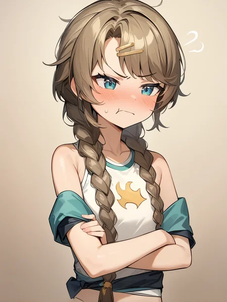 <lora:Spathodea:0.8>,spathodea,flat chest,bunches,braided ponytail,annoyed,sigh,arms_crossed,, masterpiece, best quality, very aesthetic, absurdres