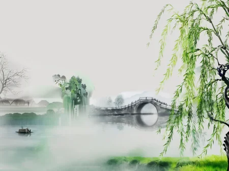 Sweeping Day Photography, a painting of a willow tree and a bridge, best quality, high quality, masterpiece, 8K UHD, highly detailed, ultra detailed <lora:sweeping-day_lora_r64_sdxl:1.0>