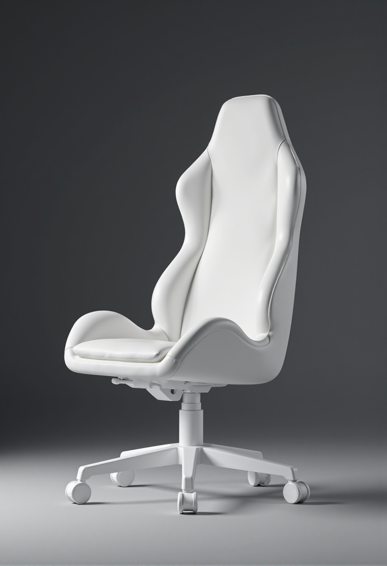 Photorealistic depiction of a gaming chair that embodies purity, simple and innocence. The chair features sleek and simple forms, with smooth lines and minimalistic design. It is entirely milk-white, with a soft matte finish that radiates elegance. The background is a plain dark gradient, subtly emphasizing the chair's clean and angelic appearance. Gentle lighting enhances the contours of the chair, creating a serene and refined atmosphere. minimalistic white Coaster on white wheels