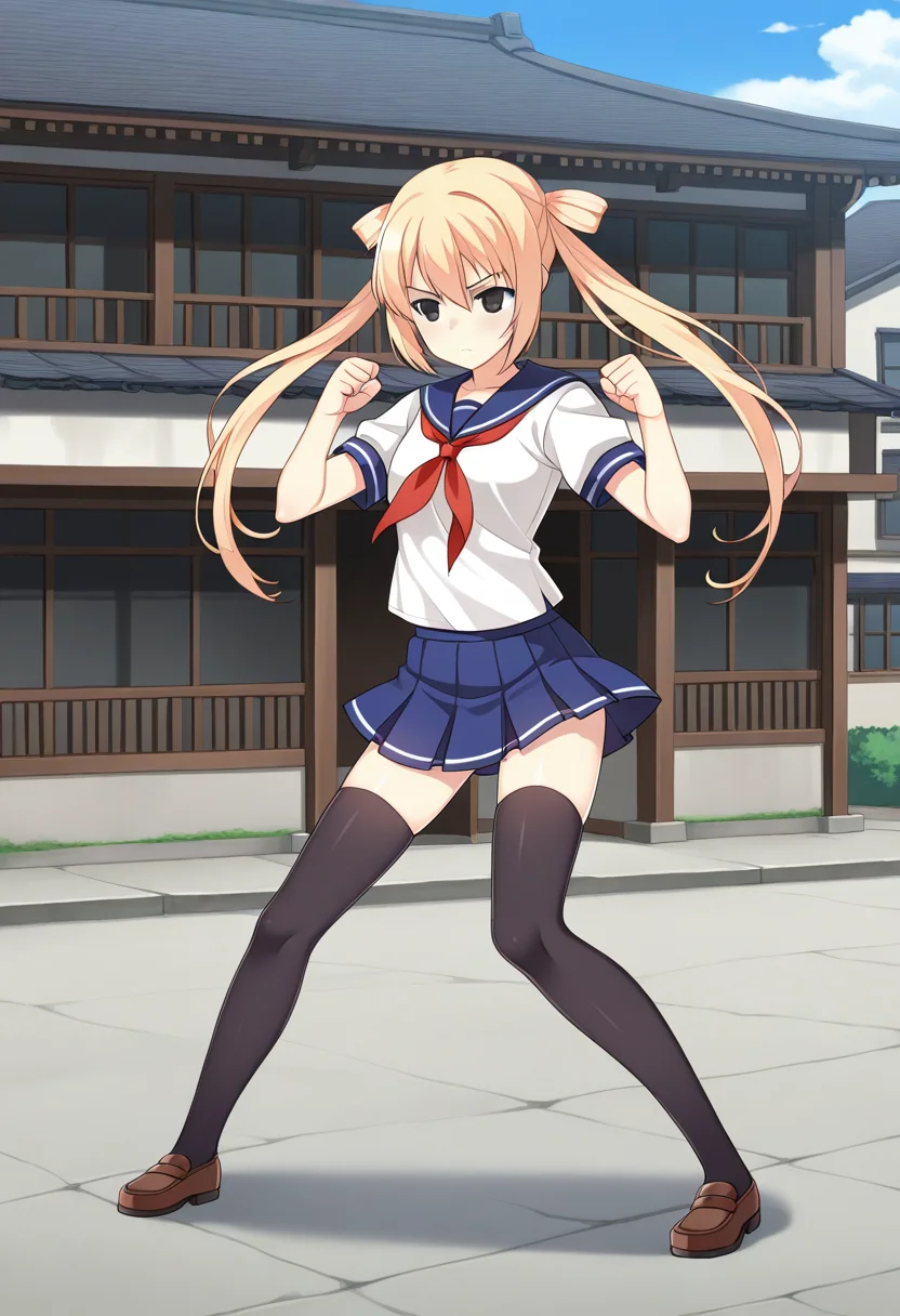 1girl, solo, fgmeiilus, blonde hair, twintails, hair rings, black eyes, shirt, short sleeves, sailor collar, neckerchief, skirt, serafuku, thighhighs, shoes, outdoors, old building, fighting stance, serious, full body,