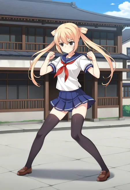 1girl, solo, fgmeiilus, blonde hair, twintails, hair rings, black eyes, shirt, short sleeves, sailor collar, neckerchief, skirt, serafuku, thighhighs, shoes, outdoors, old building, fighting stance, serious, full body,