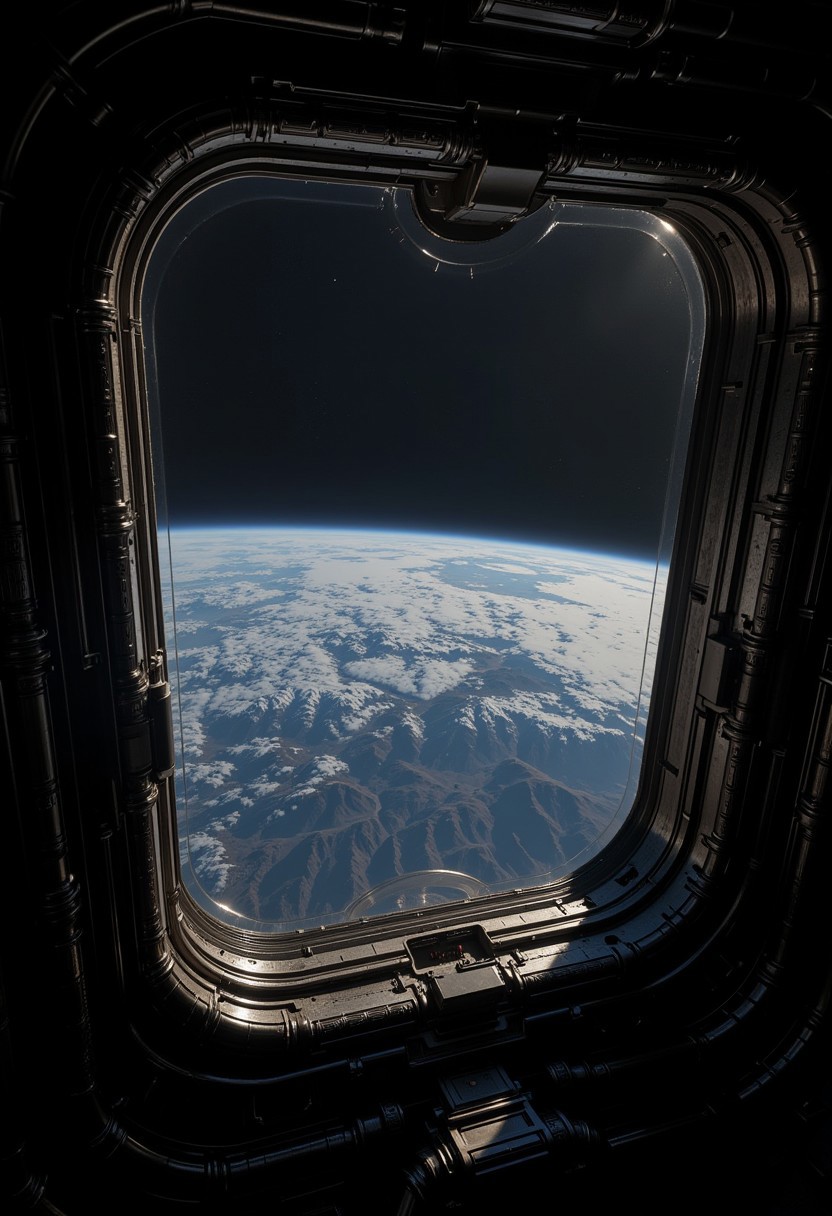 (masterpiece), best quality, earth seen from a window in a space station, absolute reality