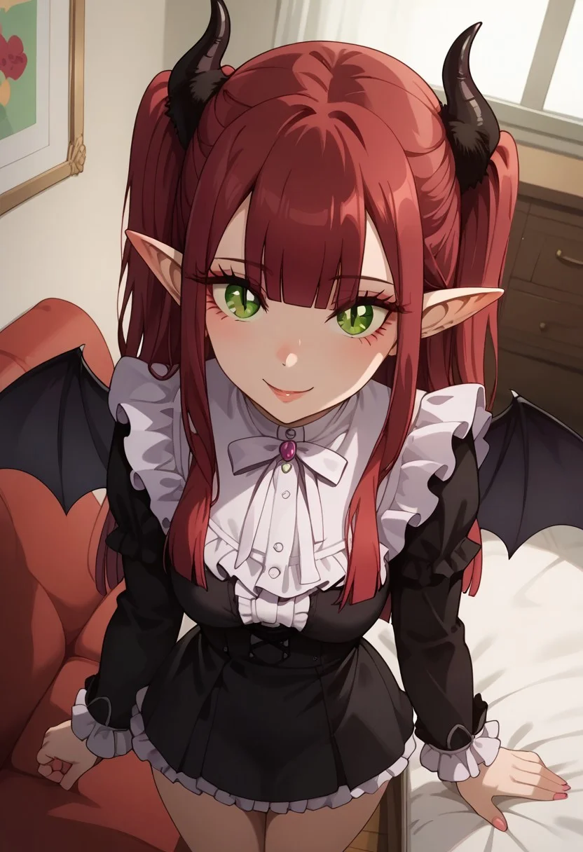 score_9,score_8_up,score_7_up,<lora:Expressive_H:1>,expressiveh,source_anime,best quality,masterpiece, high detail, high quality, high eye detail, high face detail, high body detail, depth of field,
(1girl), ((solo)), ((adult)), 24 years old, medium breast, ((big ass)), on a bed,
<lora:Marin_Kitagawa_My_Dress-Up_Darling__-_Pony_XL:.8>, Marin Kitagawa, Liz-kyun, 1girl, (solo), ((pointy ears)), ((horns)), ((green eyes)), ((red hair)), cosplay, long hair, ((demon horns)), ((demon wings)), two side up, wings, frills, long sleeves, demon girl, blunt bangs, couch, shirt,
Look at the viewer seductive smile,
((Dutch angle 60)), (((top view))), standing, portrait, Front view,
