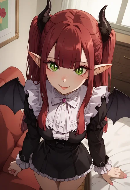 score_9,score_8_up,score_7_up,<lora:Expressive_H:1>,expressiveh,source_anime,best quality,masterpiece, high detail, high quality, high eye detail, high face detail, high body detail, depth of field,
(1girl), ((solo)), ((adult)), 24 years old, medium breast, ((big ass)), on a bed,
<lora:Marin_Kitagawa_My_Dress-Up_Darling__-_Pony_XL:.8>, Marin Kitagawa, Liz-kyun, 1girl, (solo), ((pointy ears)), ((horns)), ((green eyes)), ((red hair)), cosplay, long hair, ((demon horns)), ((demon wings)), two side up, wings, frills, long sleeves, demon girl, blunt bangs, couch, shirt,
Look at the viewer seductive smile,
((Dutch angle 60)), (((top view))), standing, portrait, Front view,