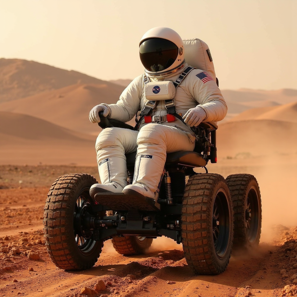 realistic photo of a astronaut riding in an off road wheelchair, on mars, red dirt, red planet, alien planet, nasa style, space and scifi,  ultra high quality, sharp focus, highly detailed,  <lora:Off_Road_Wheelchair_FLUX:1>,