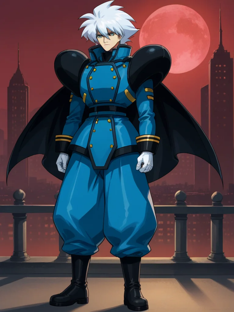 1boy, solo, keithpfone, white hair, spiked hair, blue eyes, shirt, long sleeves, popped collar, shoulder armor, baggy pants, boots, gloves, cape, boots, military uniform, outdoors, city, red moon, night, standing, serious, full body,