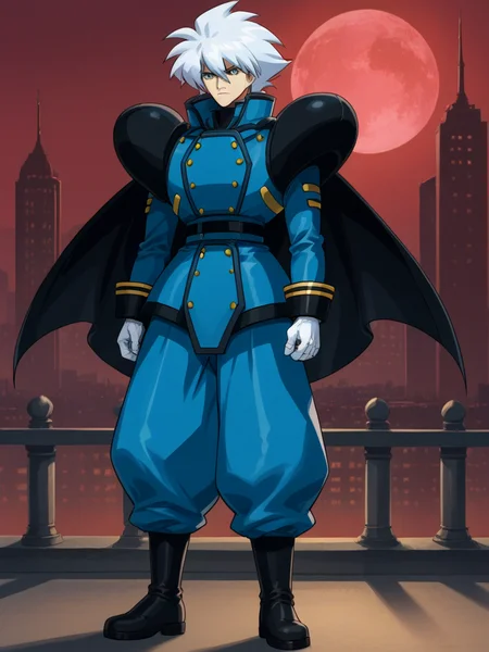 1boy, solo, keithpfone, white hair, spiked hair, blue eyes, shirt, long sleeves, popped collar, shoulder armor, baggy pants, boots, gloves, cape, boots, military uniform, outdoors, city, red moon, night, standing, serious, full body,