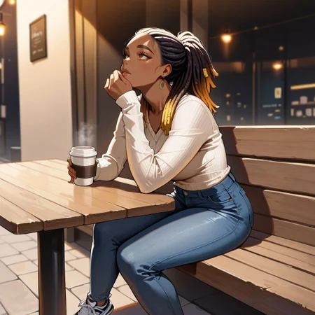(masterpiece, best quality, high quality,newest, very awa, realistic, ultra detailed), hyperrealistic, (UHD quality details), ebony_girl, thicc, dark skin, 1girl, sitting, holding coffee cup, looking up, dreadlocks, short_locs, jeans, hi-top sneakers, vneck sweater, cafe table, outdoors, depth of field, 8k uhd, absurd res, volumetric lighting, beautiful composition, intricate detail, professional illustration