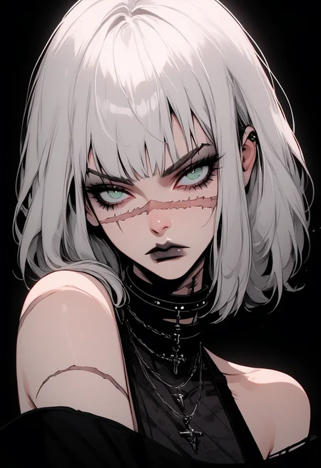 score_9, score_8_up, score_7_up, Goth girl, goth girl 1girl, 1girl,solo,looking at viewer,short hair,bangs,simple background,bare shoulders,jewelry, ,closed mouth,green eyes,white hair,grey hair,medium hair,necklace,collar,scar,black background,portrait,,scar on face,scar across eye,covered collarbone,  <lora:Goth_girl_XL-v2:0.8>, <lora:g4n1m3XLP:0.8>
