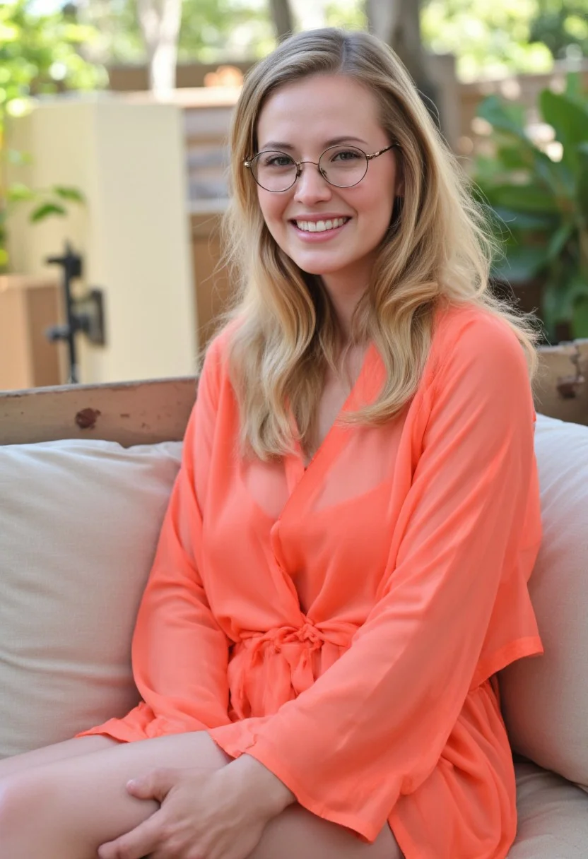 A serene and captivating moment captures the essence of this breathtaking Scandinavian woman, posed with effortless elegance. Framed at a slight angle, her long wavy hair cascades down her back. Her hair is golden brown with blond highlights. A loose coral sheer robe flows around her, partially open to reveal subtle cleavage, showcasing the vibrant colors of the robe. She is wearing round wireframe glasses. Perched on a couch, she sits comfortably with one leg crossed over the other, exuding tranquility. She has a seductive smile as she looks at the camera. The early morning sun casts a warm glow on the scene, her backyard patio, bathed in the radiance of a bright and sunny day.