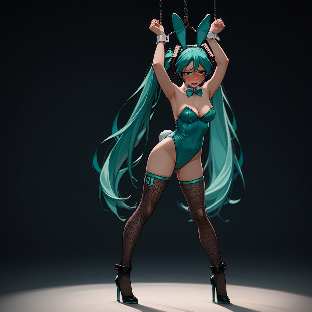 score_9, score_8_up, score_8, (source_anime), hanging_suspension, BREAK, (hatsune Miku:1.2), blush, perfect face, 1woman, 22 years old, standing, streaked hair, bunnysuit, playboy_bunny, leotard, thighhighs, fishnets, highheels, detached_cuffs, cleavage, cunnilingus_gesture, BREAK, 1woman, bondage, bdsm, suspension, standing, (arms_up:1.2), arms up, cuffs, bound_wrists, standing_restraints, watson_cross