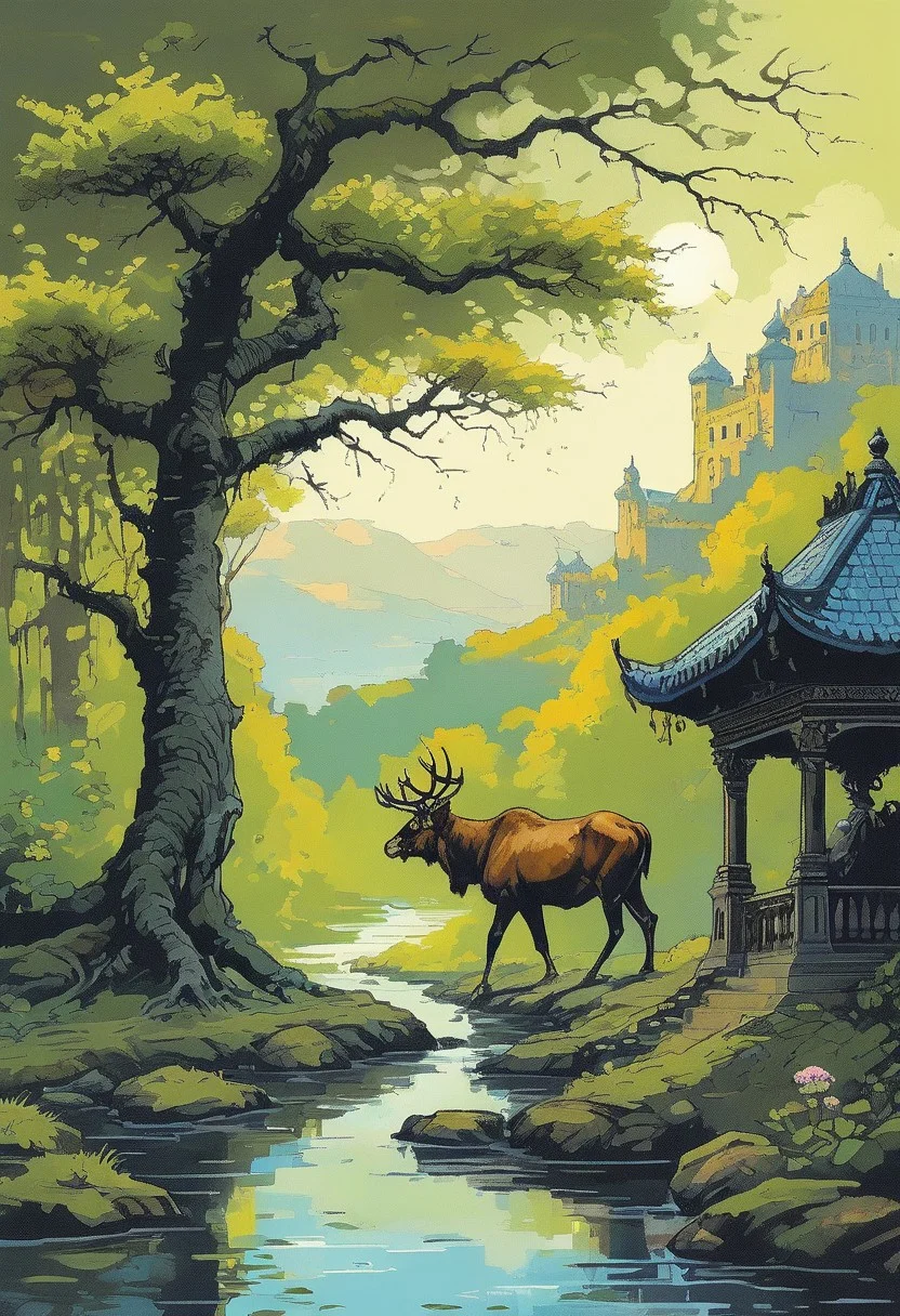 <lora:kallmekris:0.5> kallmekris mixed with <lora:esme_sdxl:0.5> esme , fantasy, fantasy art, A mystical forest filled with ancient trees, glowing flowers, and ethereal creatures like fairies and talking animals. animals, fairies, magical creatures, fantastic beasts, The atmosphere is both enchanting and eerie, with shadows of lurking dangers. In the center, a gateway to different realms. Bengali landscape, Indian landscape,, i oil painting, palette knife soft brushstrokes, heavy strokes, dripping paint, art station on trend, sharp focus, intricate details, highly detailed ,art by enki bilal, art by philippe druillet, art by moebius, inspired by french comics art ,art by Jakub Rozalski,