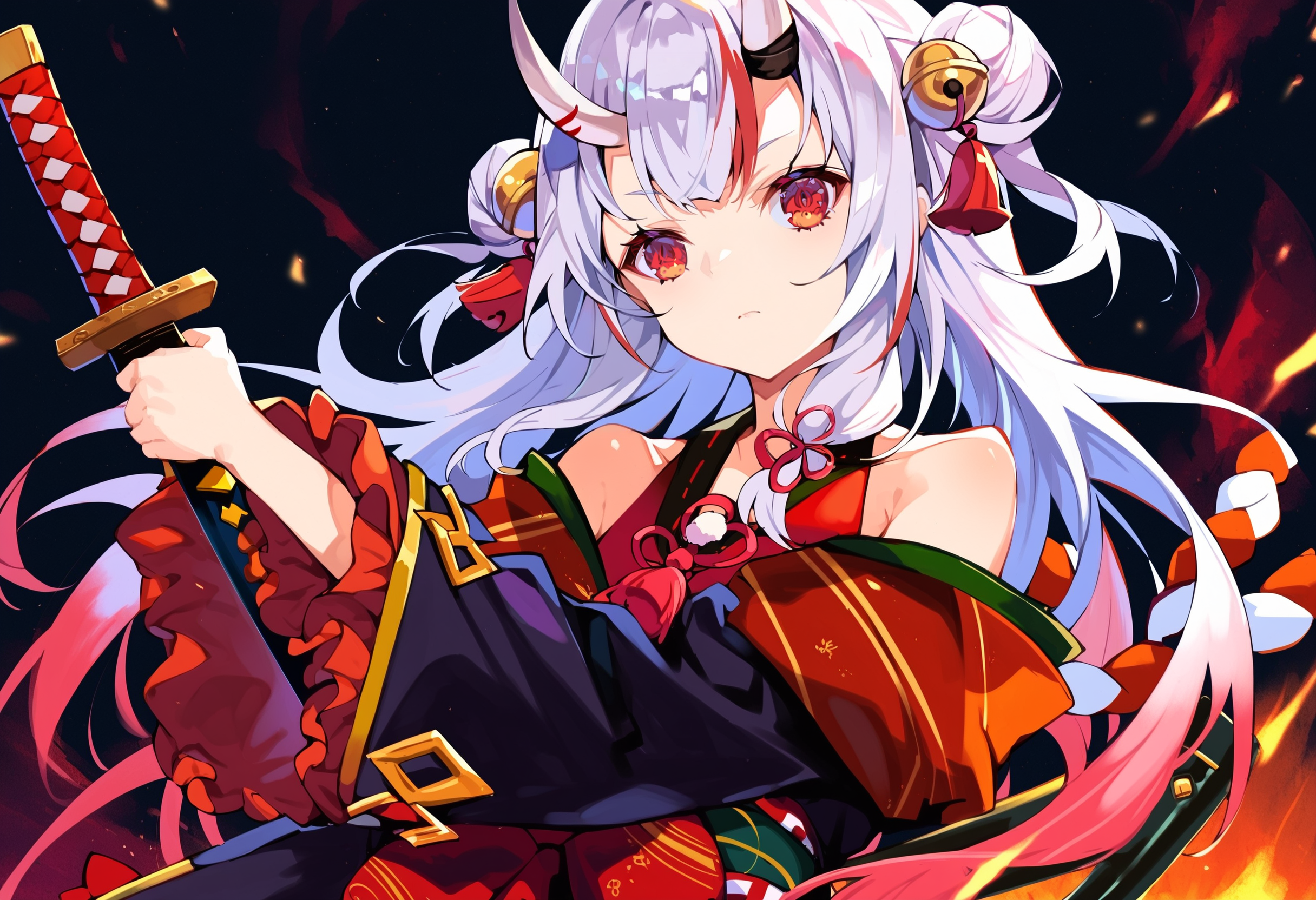 score_9, score_8_up, score_7_up, score_6_up, source anime,
nakiri ayame, nakiri ayame base, 1girl, weapon, sword, long hair, skin-covered horns, solo, katana, holding, holding sword, holding weapon, bell, hair bun, looking at viewer, japanese clothes, hair bell, hair ornament, oni, glowing, bare shoulders, closed mouth, rope, long sleeves, kimono, upper body, double bun, shimenawa, off shoulder
<lora:LAMXL_P6_lokr_V4236:0.4>
<lora:nakiri_ayame_v1:1>
