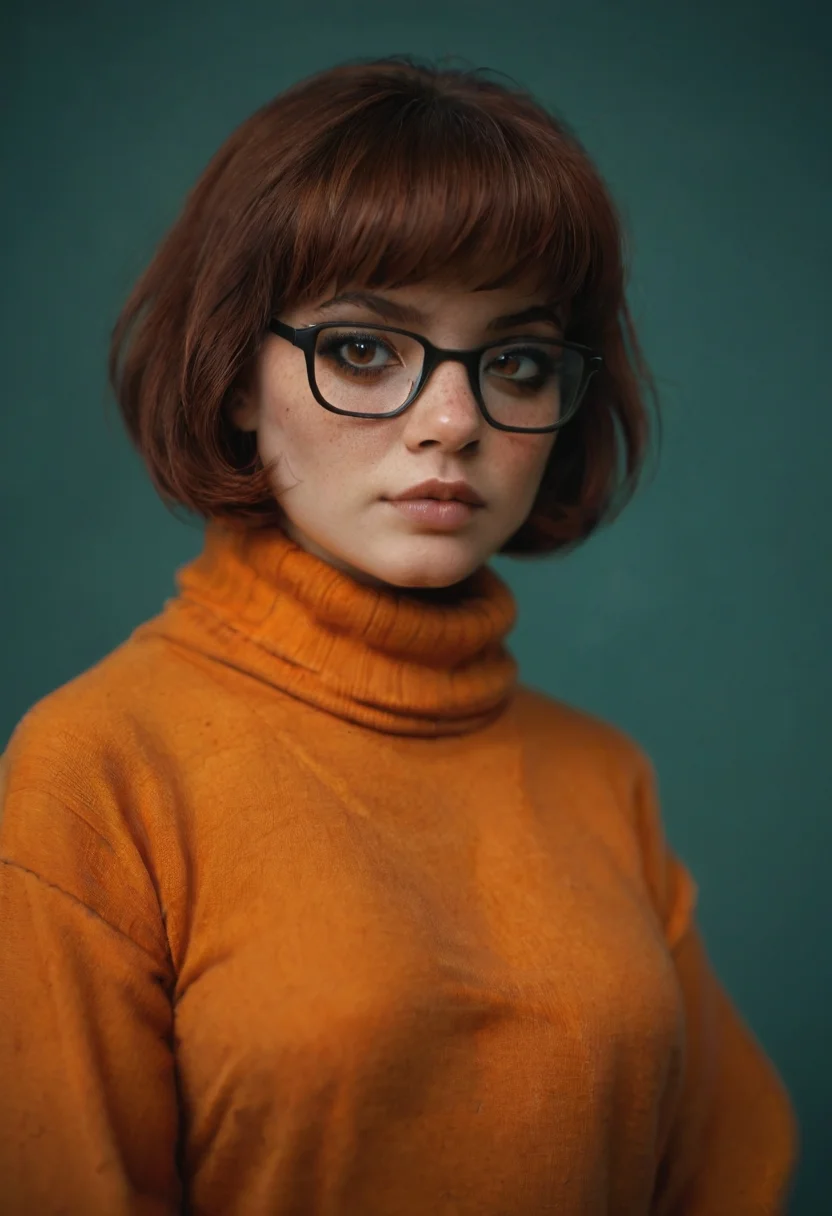 goth girl astestic, velma from scooby-doo, a woman wearing eye glasses and an orange top, goth style mood, dark eye makeup,, .score_9, score_8_up, score_7_up,score_6_up, rating_safe
