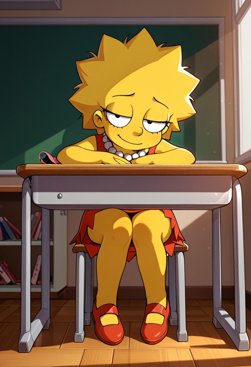 score_9,score_8_up,score_7_up,score_6_up,masterpiece, best quality, very aesthetic, official art,
background is indoors, classroom, school desk,
((cinematic lighting)), (shading),
1girl, solo, Perfect Body, (Perfect Anatomy:1.0),  
lisa simpson, pearl necklace, yellow skin, female, (young:1.3), small, petite body, slender,
red tube dress, shoes,
sitting on desk, knees together, legs together, looking at viewer, coy smile, seductive, teasing, flirting, full body,
