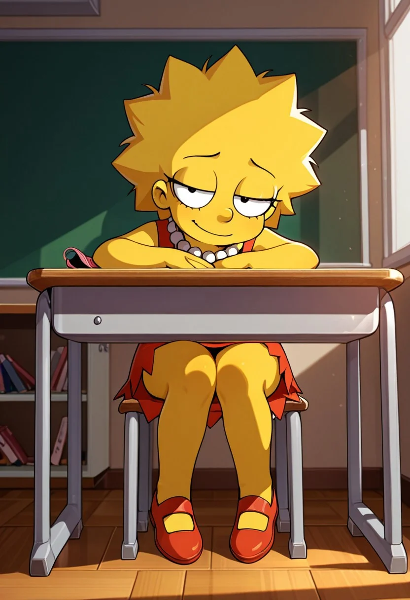 score_9,score_8_up,score_7_up,score_6_up,masterpiece, best quality, very aesthetic, official art,
background is indoors, classroom, school desk,
((cinematic lighting)), (shading),
1girl, solo, Perfect Body, (Perfect Anatomy:1.0),
lisa simpson, pearl necklace, yellow skin, female, (young:1.3), small, petite body, slender,
red tube dress, shoes,
sitting on desk, knees together, legs together, looking at viewer, coy smile, seductive, teasing, flirting, full body,