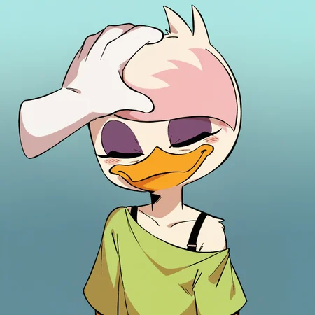 score_9, score_8_up, score_7_up, score_6_up, best quality, highres, source_furry, BREAK
ppp, BREAK
1girl, solo focus, furry, heart background, gradient background, duck, beak, lena sabrewing, young, child, white skin, white hair, pink highlights, short hair, purple eyeshadow, green shirt, off shoulder, smile, bra strap, eyes closed, blush, headpat, blep, from above, <lora:Lena_Sabrewing:1>