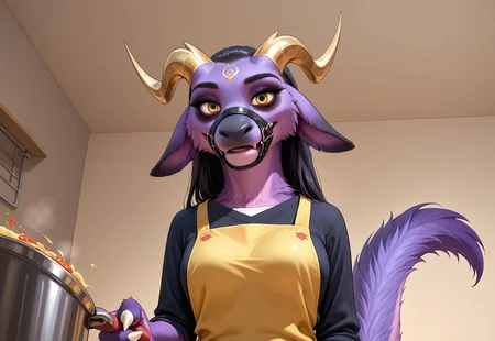 source_furry,reallynxgirl_style, source_9, score_8_up, score_7_up, furry art, solo,Eothos, ((anthro)), close up, female, furred dragon, (((front view))), (((looking at viewer))), golden mark on forehead, front half of body black with golden stripes, black muzzle, black long black ears, long straight golden horns, golden glowing eyes without pupils, two purple stripes under eyes, golden eyebrows, back half of body purple, front legs orange, hind legs purple, long white claws on paws, long purple tail with white stripes, white tassel at end of tail, realistic, wearing cooking apron, in kitchen, serving food, fluffy fur, seductive, low-angle view,
