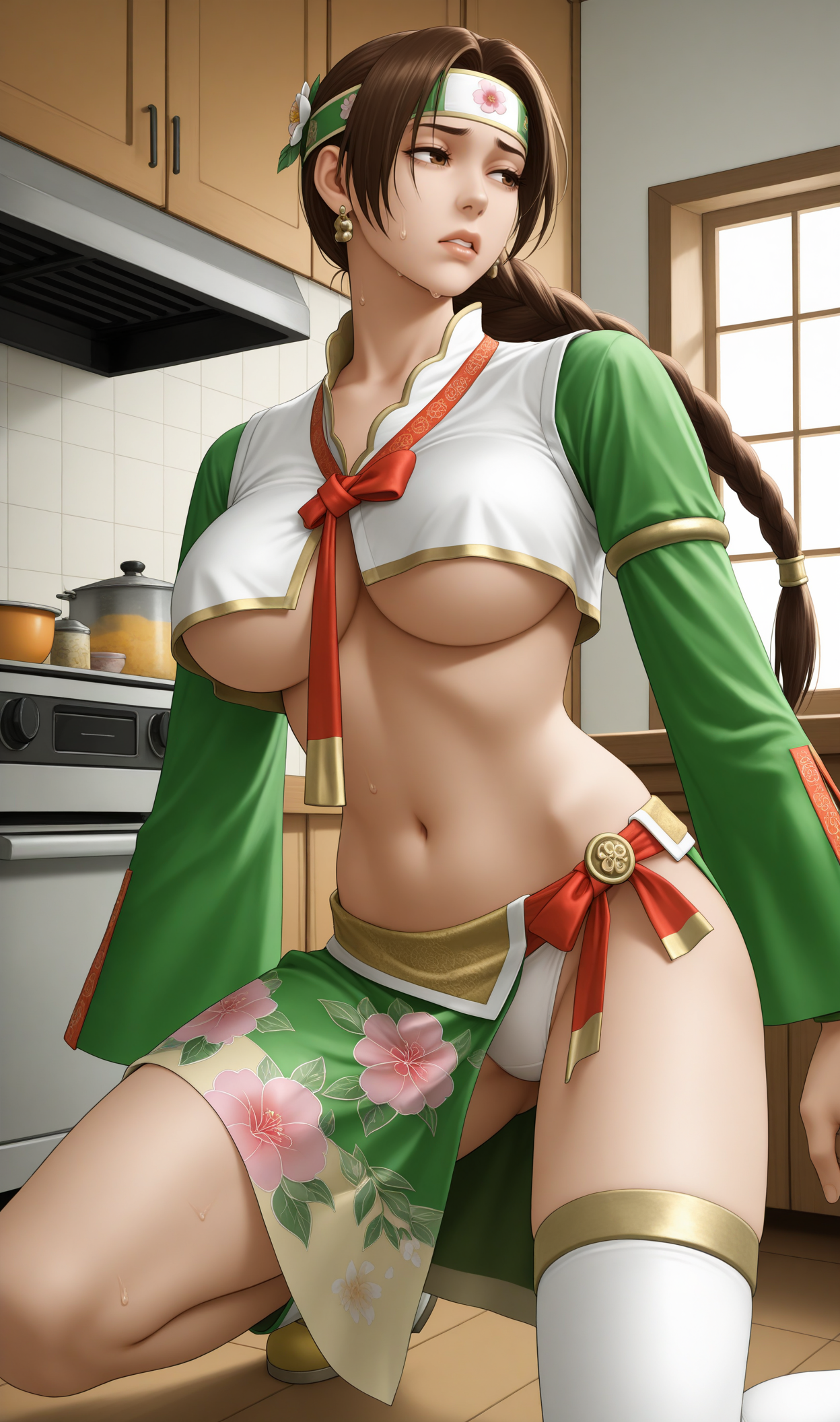 masterpiece, best quality, high resolution, very aesthetic, absurdres, newest, professional, high-quality, hyper-realistic, portrait of a woman, 1girl, solo, 
<lora:Seong_Mi-Na_SC4_Illu_Dwnsty:1>, mnseongsciv, brown eyes, brown hair, long hair, braided ponytail, long braid, long hair, headband, hair flower, hair ornament, jewelry, earrings, midriff, crop top, white vest, no bra, korean clothes, red necktie, norigae, jeogori (clothes), green sleeves, long sleeves, wide sleeves, underboob, white panties, single thighhigh, white thighhigh,navel, side slit, green sarong, floral print,
large breasts, detailed body, detailed lips, detailed eyes, expressionless, half-closed eyes, nervous, nervous sweating, looking away, frown, parted lips, looking to the side, superhero landing, one knee down, fist on ground,
kitchen, table, chairs, window, stove, fridge, cozy, home,