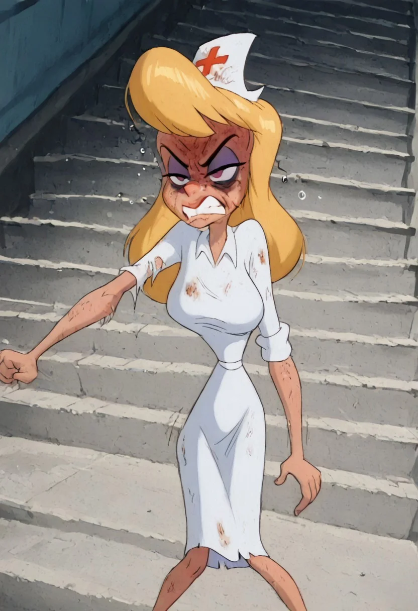 (((Hello Nurse is extremely dirty and in torn clothes in total fury and ready to fight))). (((She is completely helpless and has to submit her enemies and hide her emotions))).(((She is in total hate and disgust))).(((She has large bruises under her eyes))).(((Her life is totally broken)))). ((((Nobody respecting her))). ((((She was ashamed and ridiculed for weeks)))).(((((She was offended and humiliated for weeks)))), (((((Her nervous system is ruined))))). (((She is distressed and heartbroken))). (((Her dress is dirty))). (((((Her face is beaten after lots of fights and fallings from stairs))))). (((((She is angry and exhausted))))). Everything is she wants is revenge. Everyone hates her. She is poor and sick. (((amazing quality))), absurdres,,((((1girl)))),(((alone)))), (((hellonurse))),,(((angry))), (((exhausted:1.5)))),((((((masterpiece))))),,((((extremely beautiful image)))),(((beautiful light))),((((best detailing)))),(((disgusting))),(((offended))),((((extremely heartbroken)))), blonde hair, teal eyes, (((1girl))), alone, big breasts,((((slim body)))))nurse outfit, Heloise Nerz, hellonurse, dirty, detailed body, detailed face, highly detailed body, highly detailed face, dynamic pose, posing, ((((((angsty))))), (((((furious)))))), (((((submissive)))))), 1girl, , (((((bags under eyes))))), crazy emotion, narrow waist.
