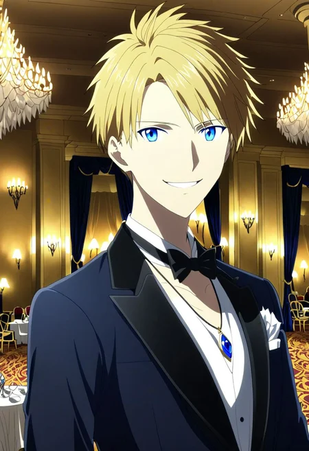 high resolution, solo, best quality, 1Boy, Yamato Ishida, Blond Hair, Blue Eyes, Necklace, luxury hotel, Ballroom, tuxedo, smile, mysterious, confident, OverallDetail