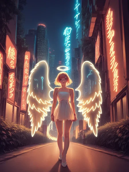 score_9, score_8_up, score_7_up, score_6_up, score_5_up, source_anime, <lora:n30nw1ngsXLP2:1> n30nw1ngs, neon light wings, wings, angel, cityscape,