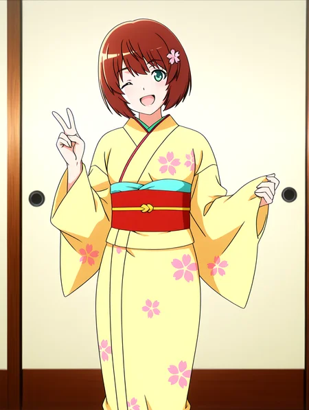 masterpiece,best quality,newest,absurdres,highres,detailed eyes,beautiful,detailed background,perfect eyes,anime coloring,anime screencap,
nsfw,explicit,<lora:add-detail-xl:1>,<lora:ponyv4_noob1_2_adamW-000017:0.8>,wear clothes,
1girl,solo,
v,legs apart,standing,smiling,open mouth,one eye closed,
looking at viewer,
<lora:IL-FumikoYanagi-TokimekiMemorial4-10:1>,il-fumiko-tokimemol4,1girl,solo,brown hair,green eyes,yellow kimono,long sleeves,japanese clothes,many floral print on clothes,wide sleeves,red sash,kimono,floral print obi,yukata,jaggy lines,sakura flower hair hair ornament,
