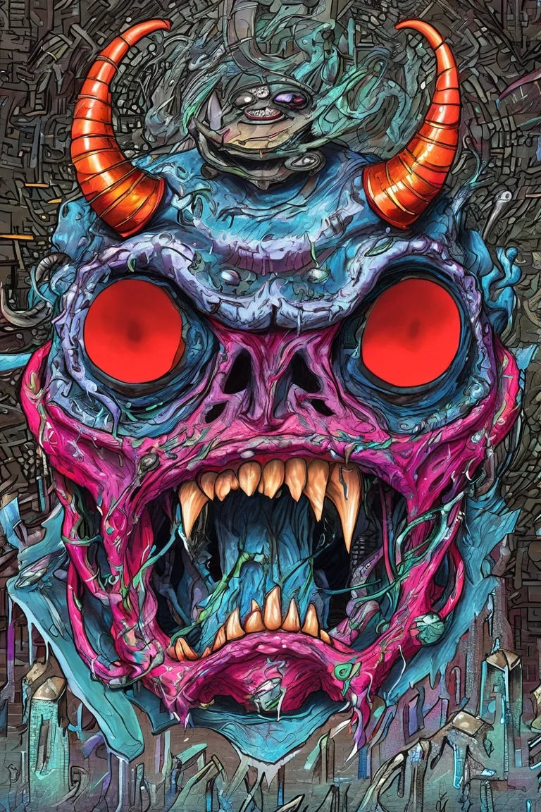 heavy metal art close up of a dangerous monster with horns, grim scene <lora:Doodle_XL_V1:1> colorful doodle