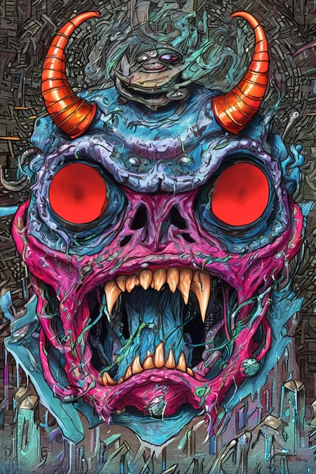 heavy metal art close up of a dangerous monster with horns, grim scene <lora:Doodle_XL_V1:1> colorful doodle